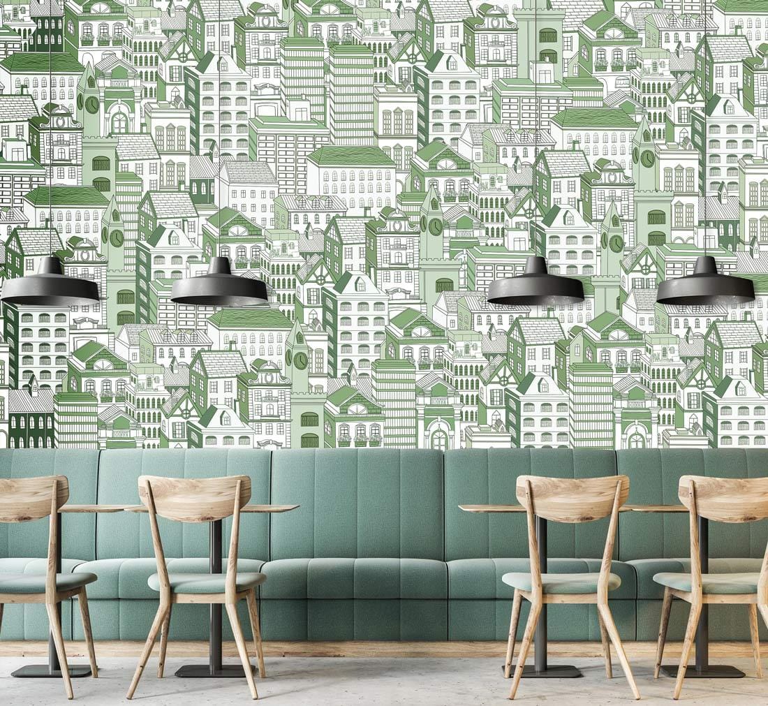 Green Urban Landscape Illustrative Mural Wallpaper in dining area