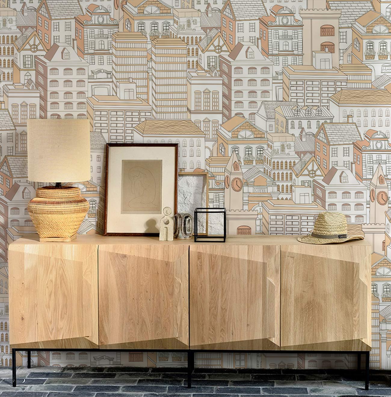 Vintage Cityscape Illustrative Wall Mural in living room