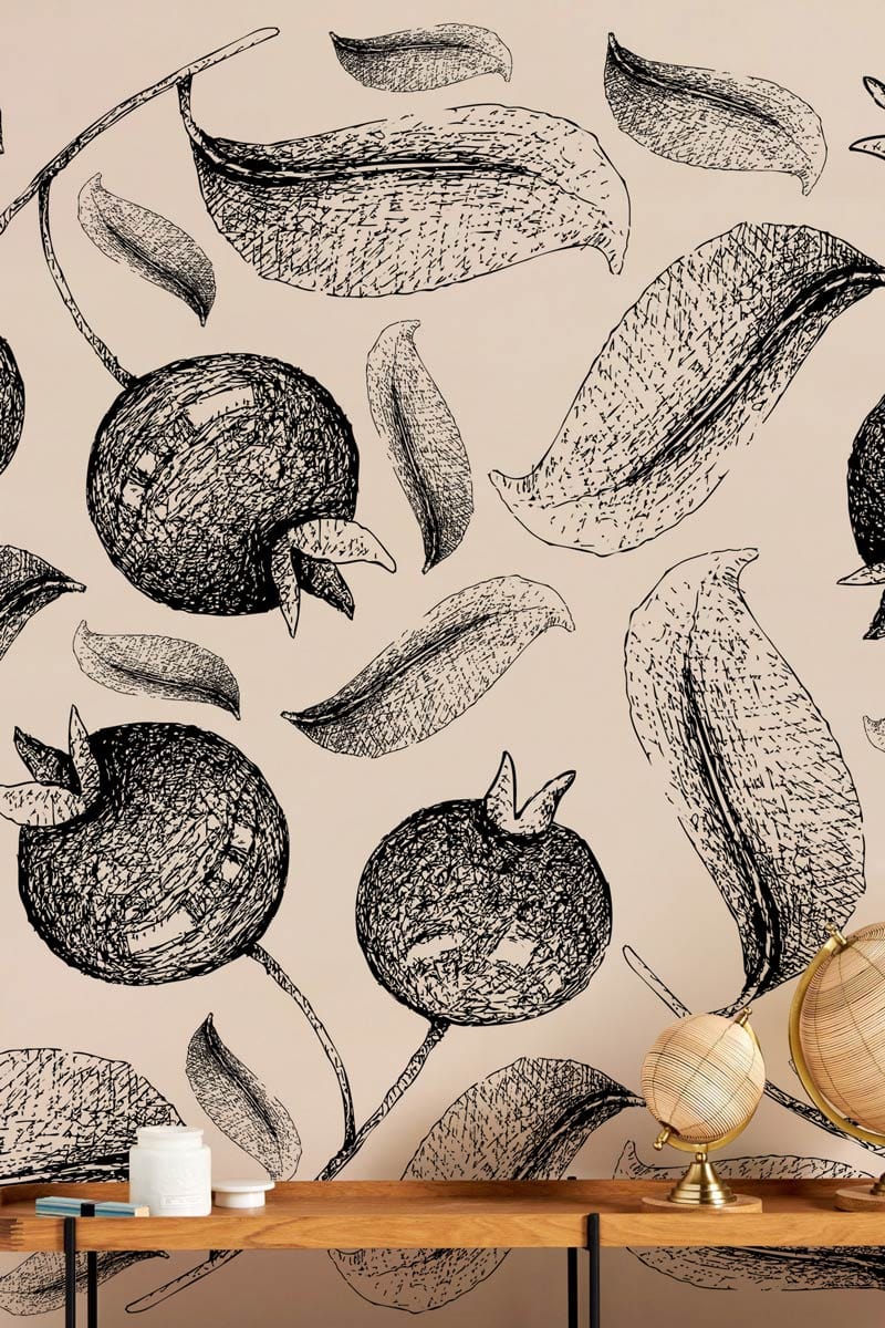 Living room wallpaper with a distinctive blueberry design.