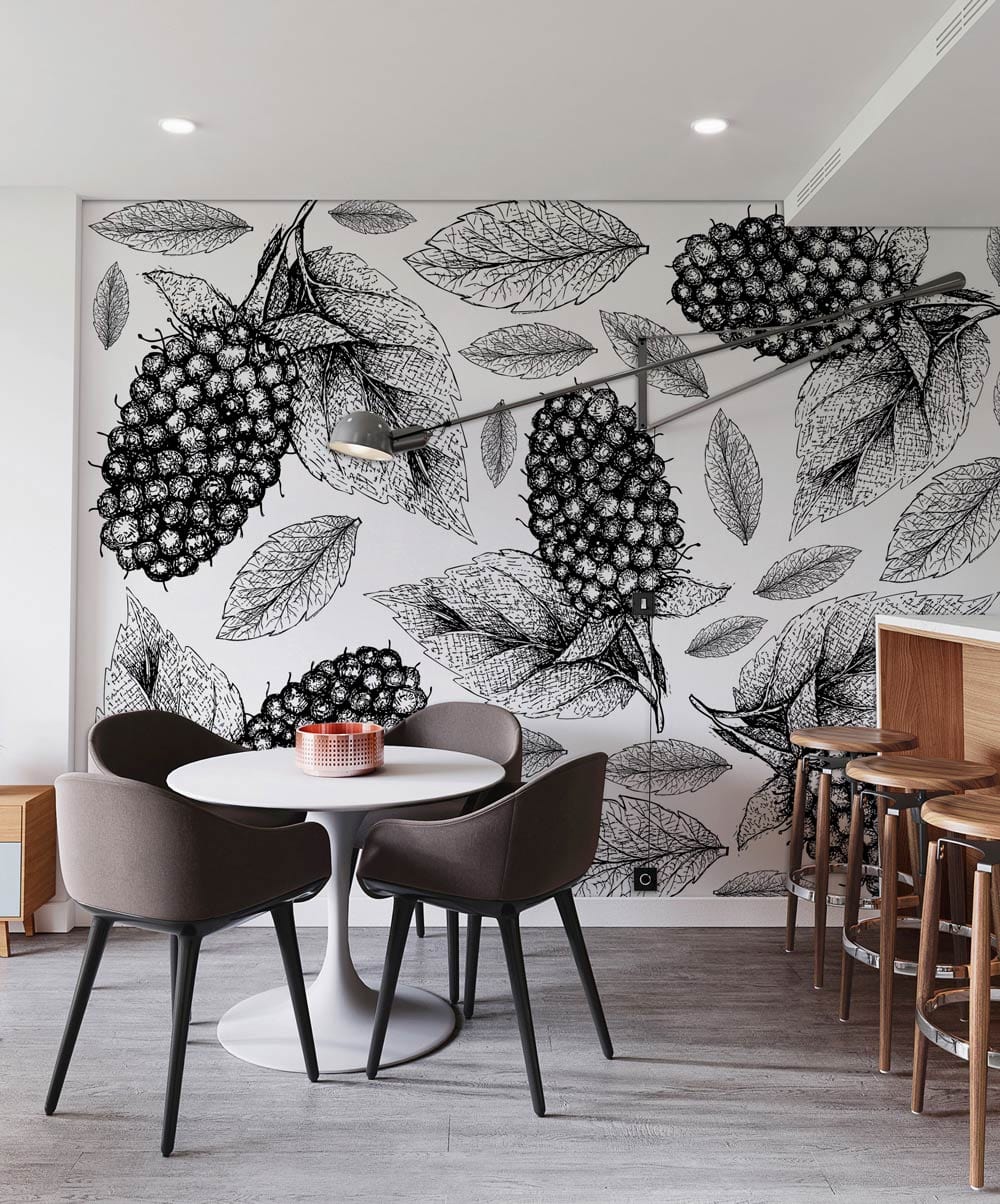 The dining area features wallpaper from the World of mulberry