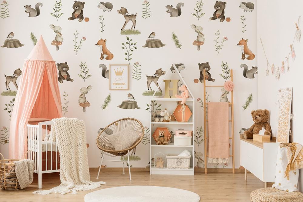 Woodland Animals Nursery Mural Wallpaper in bedroom