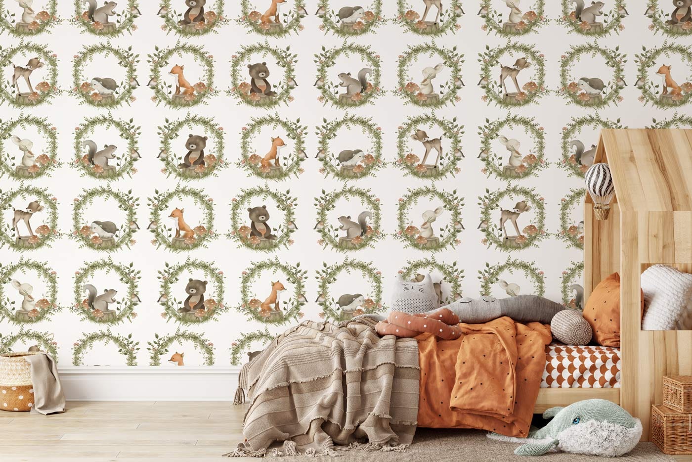 Whimsical Forest Animal Wreath Mural Wallpaper in bedroom