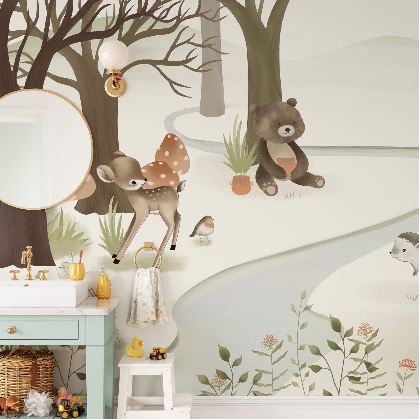 Whimsical Forest Animal Nursery Wallpaper in bathroom