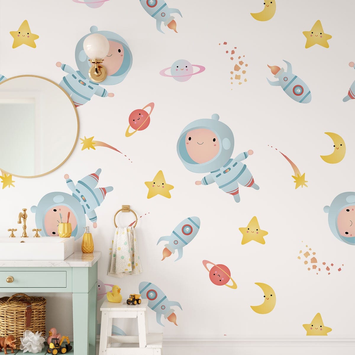 Cheerful Astronaut Kids Room Mural Wallpaper in bathroom