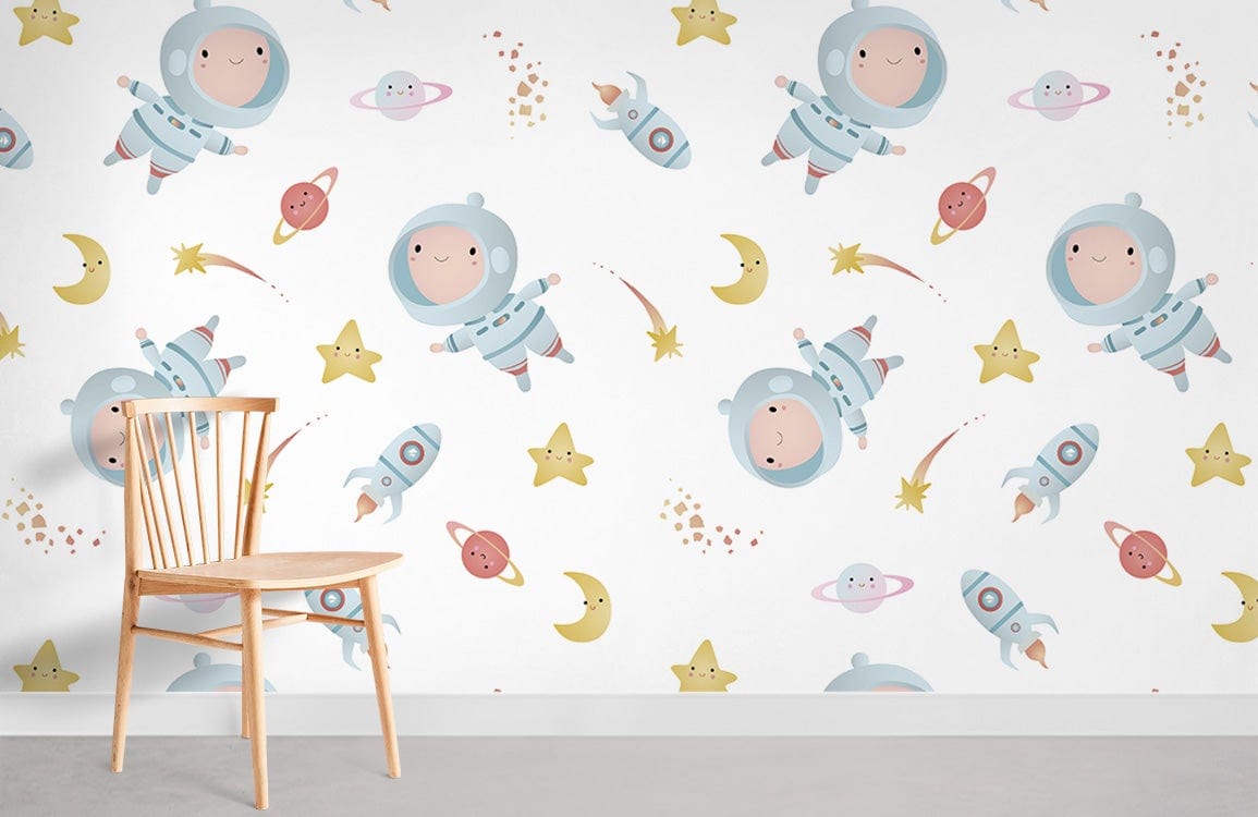 Cheerful Astronaut Kids Room Mural Wallpaper in child's room