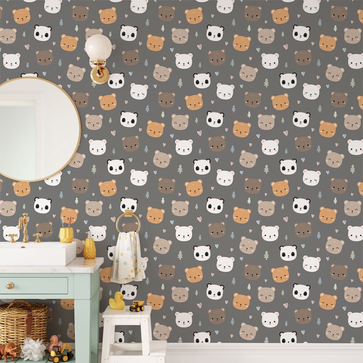 Cute Animal Faces Kids Mural Wallpaper in bathroom