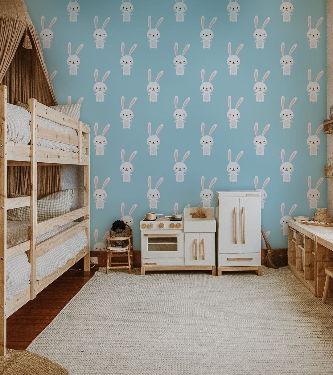 Cute Whimsical Rabbit Nursery Mural Wallpaper in bedroom