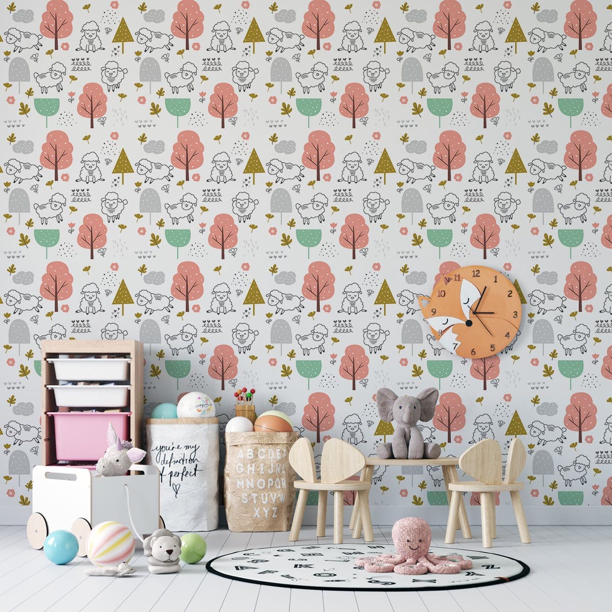 Whimsical Woodland Creatures Nursery Mural Wallpaper in playroom