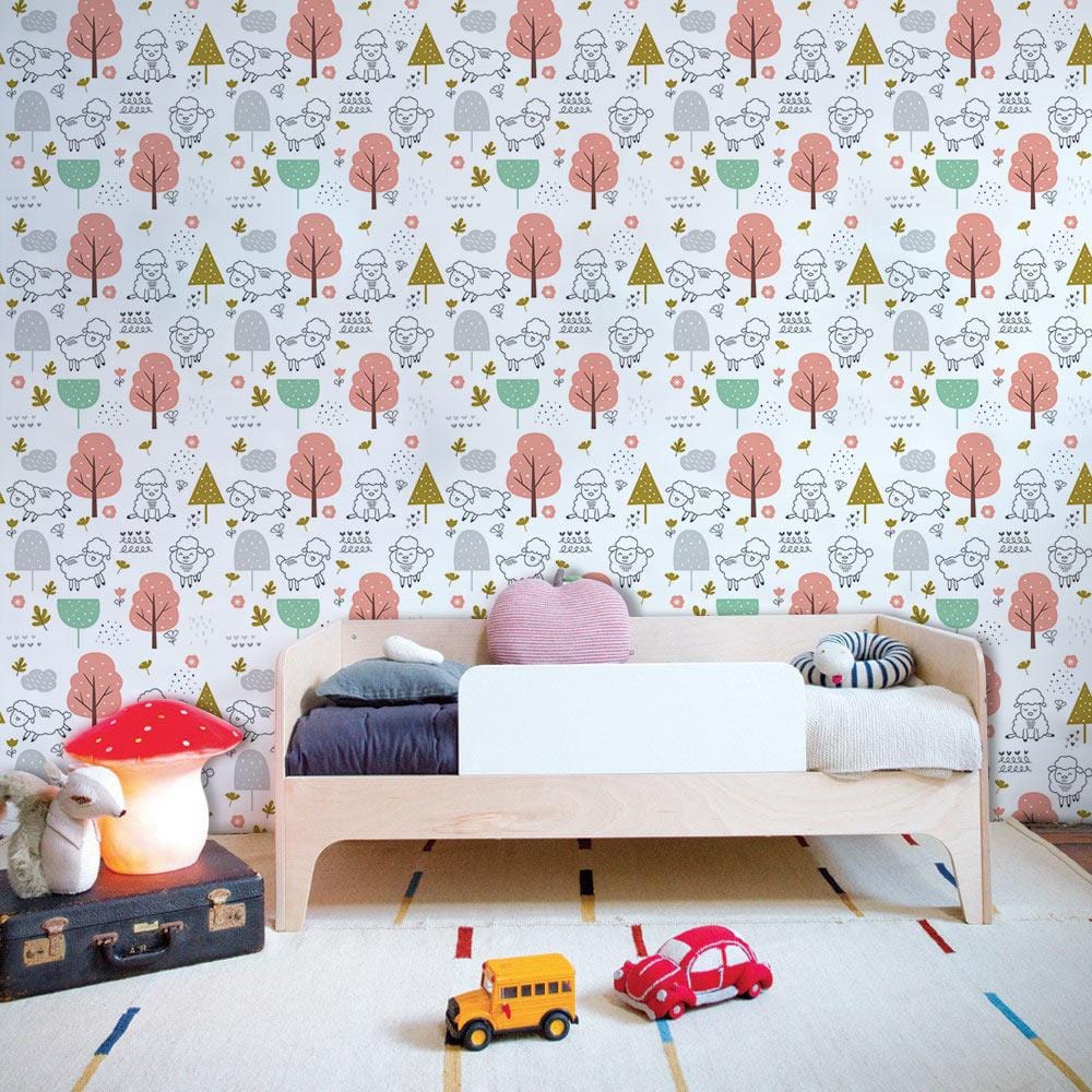Whimsical Woodland Creatures Nursery Mural Wallpaper in bedroom