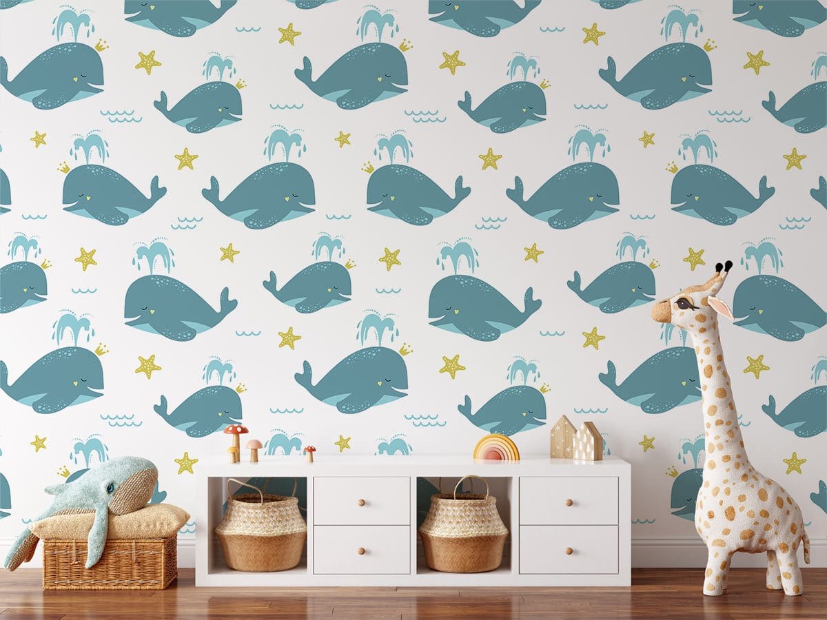 Whimsical Ocean Whales Kids Mural Wallpaper in children's room