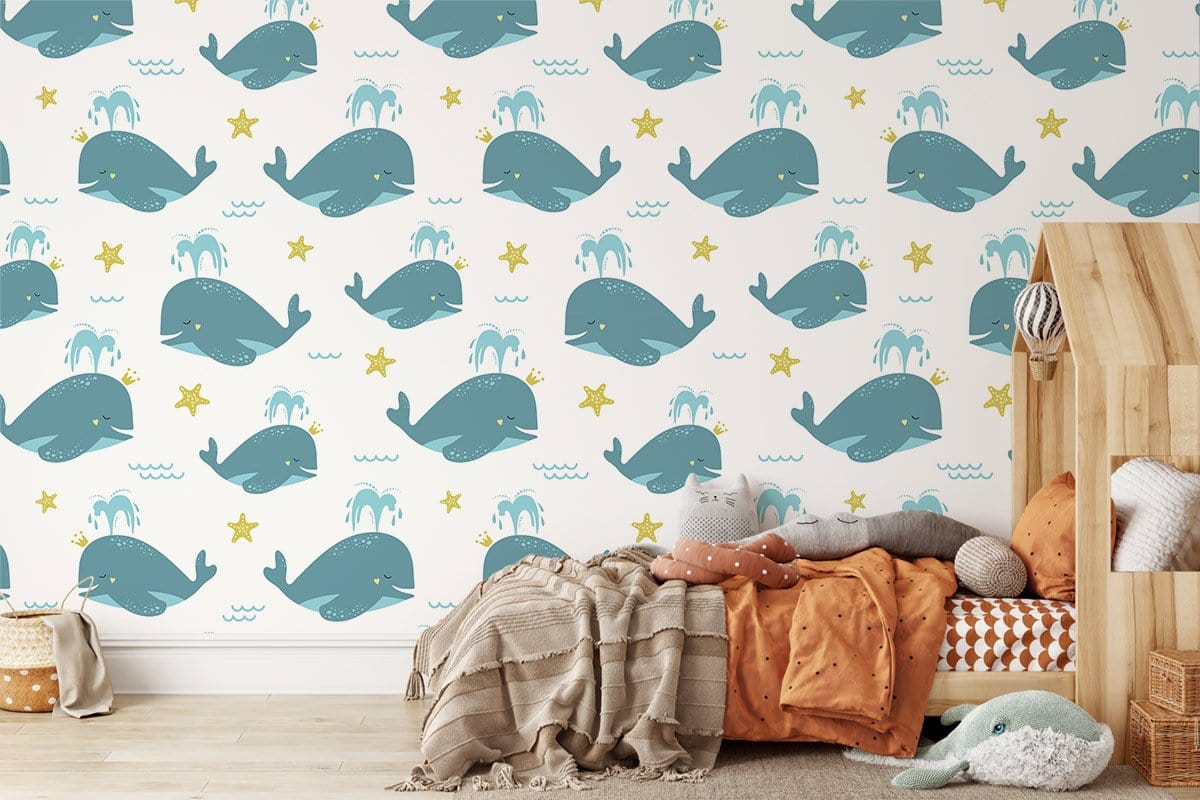 Whimsical Ocean Whales Kids Mural Wallpaper in bedroom
