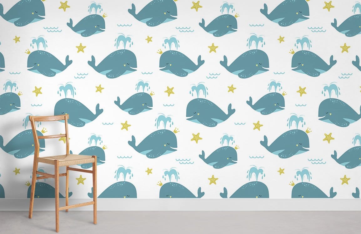 Whimsical Ocean Whales Kids Mural Wallpaper in children's room
