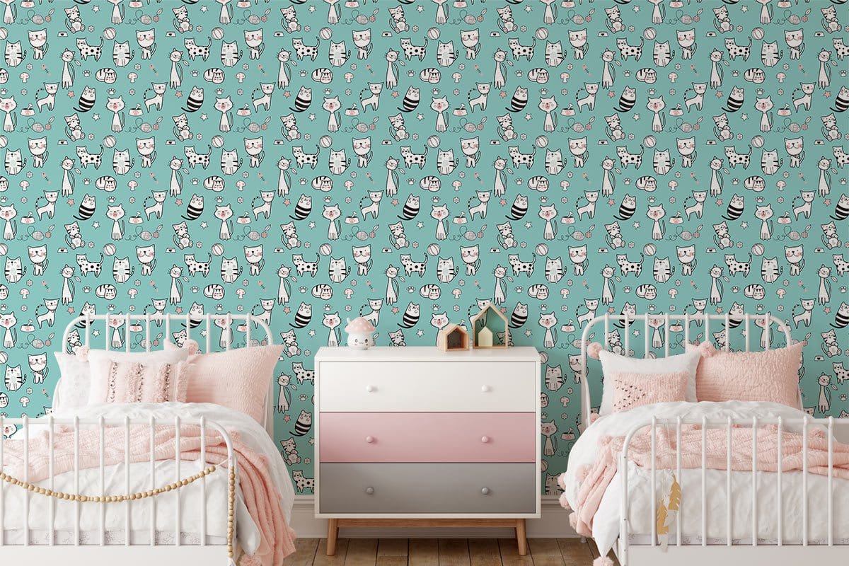 Whimsical Cat Pattern Teal Mural Wallpaper in bedroom