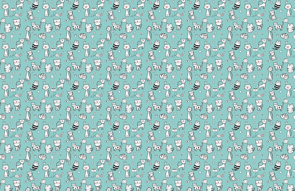 Whimsical Cat Pattern Teal Mural Wallpaper