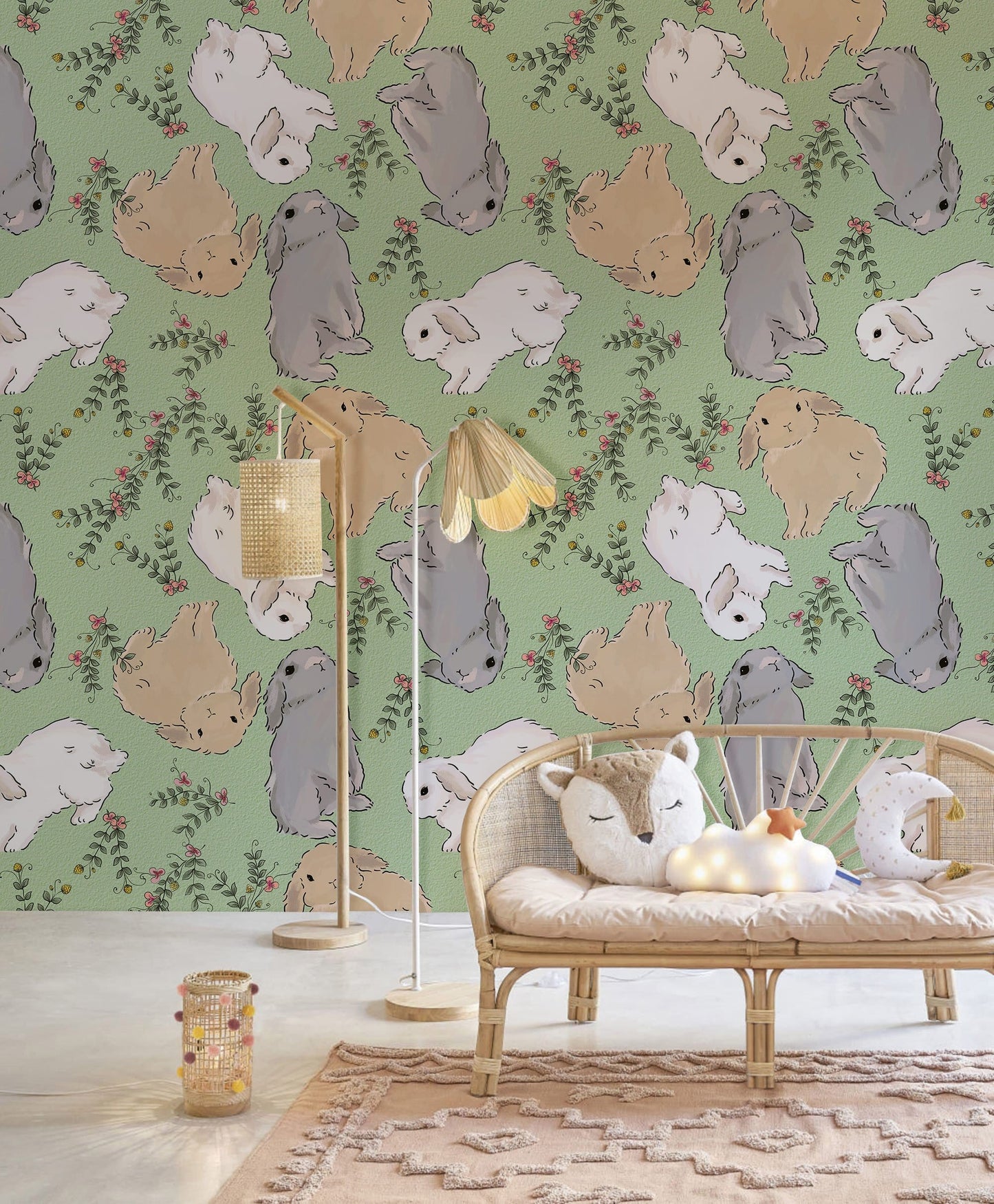 Whimsical Rabbit Garden Mural Wallpaper in playroom