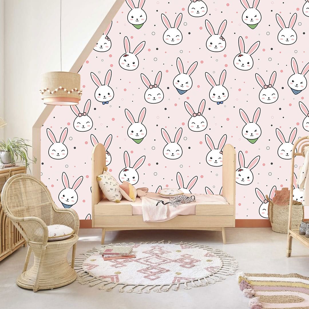 Whimsical Pink Bunny Pattern Mural Wallpaper in bedroom