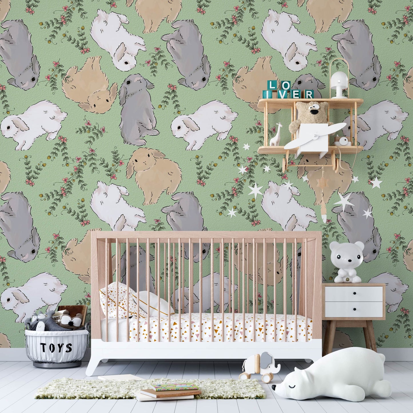 Whimsical Rabbit Garden Mural Wallpaper in nursery