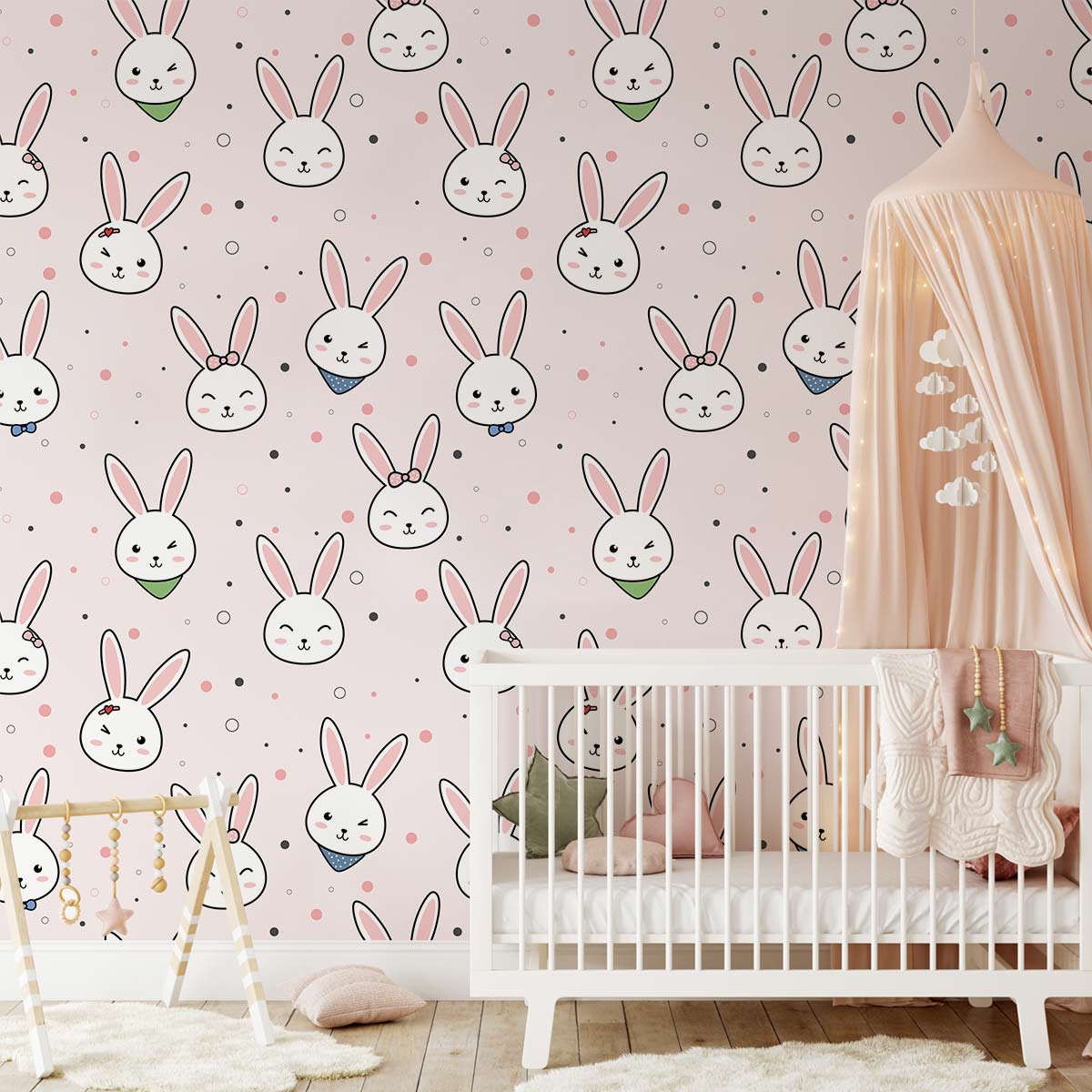 Whimsical Pink Bunny Pattern Mural Wallpaper in nursery