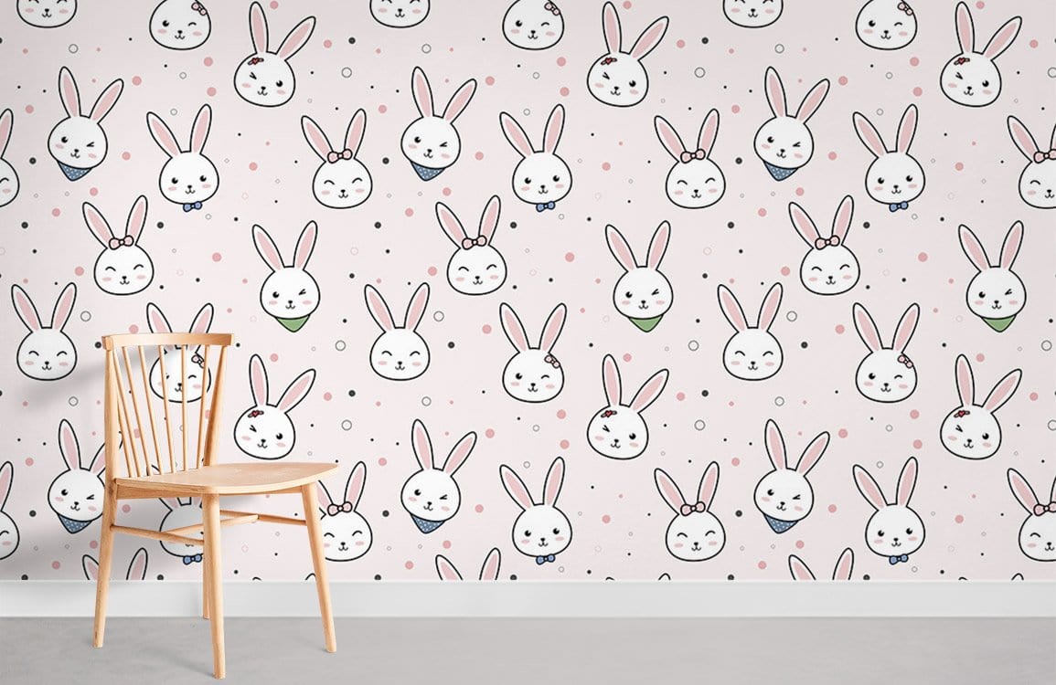 Whimsical Pink Bunny Pattern Mural Wallpaper in children's room