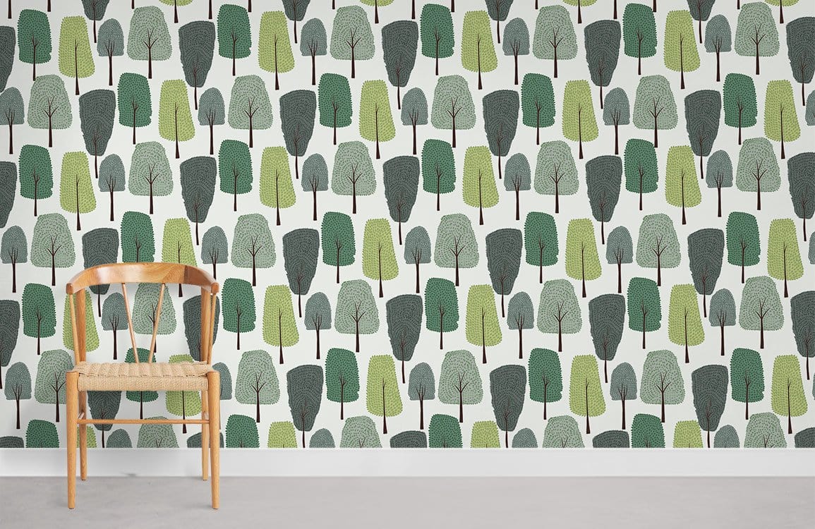 Whimsical Forest Green Tree Mural Wallpaper