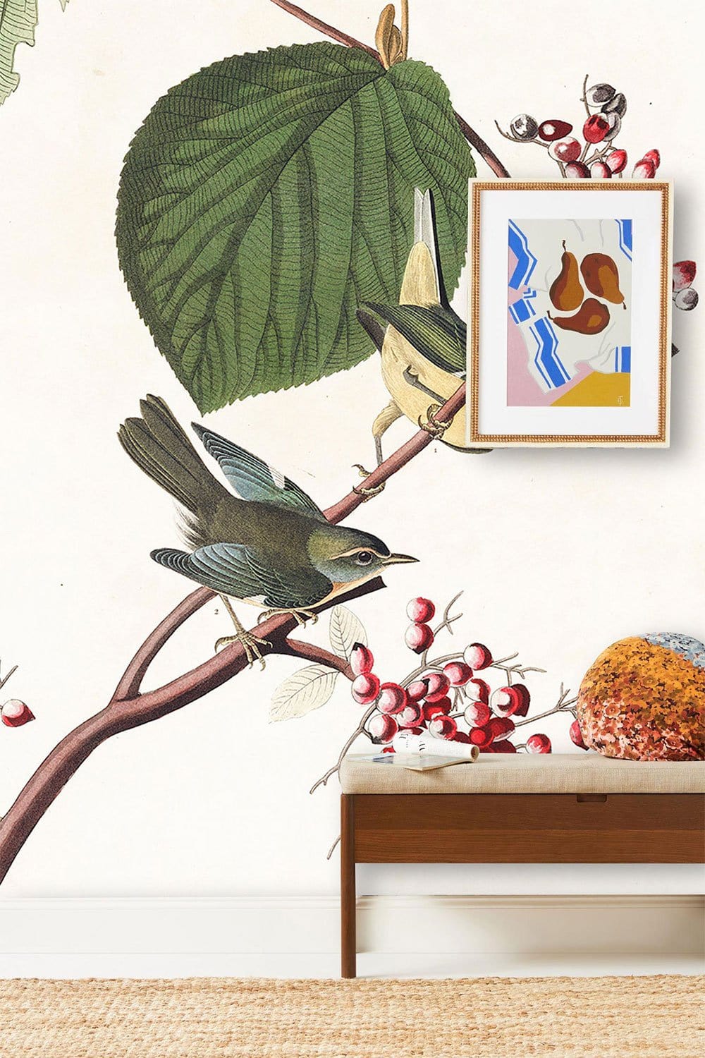 Vintage Botanical Bird Illustration Mural Wallpaper in living room