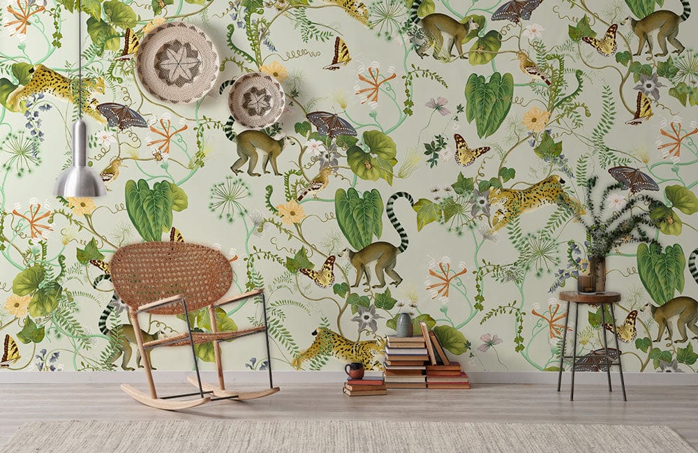 Exotic Jungle Animal Print Mural Wallpaper in living room