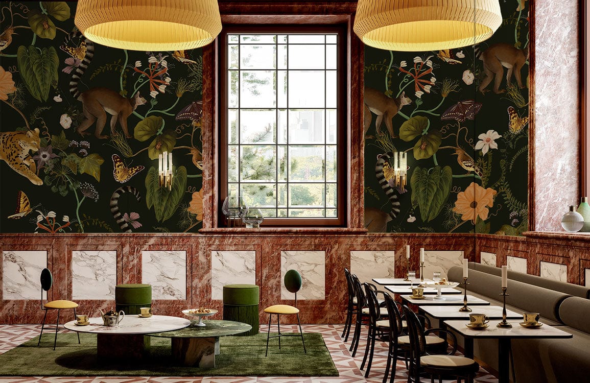 Exotic Jungle Animal Pattern Mural Wallpaper in dining room