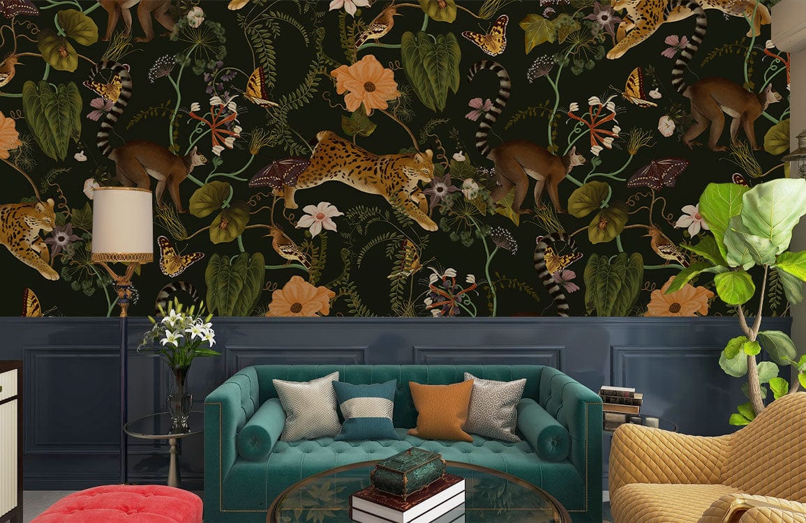 Exotic Jungle Animal Pattern Mural Wallpaper in living room