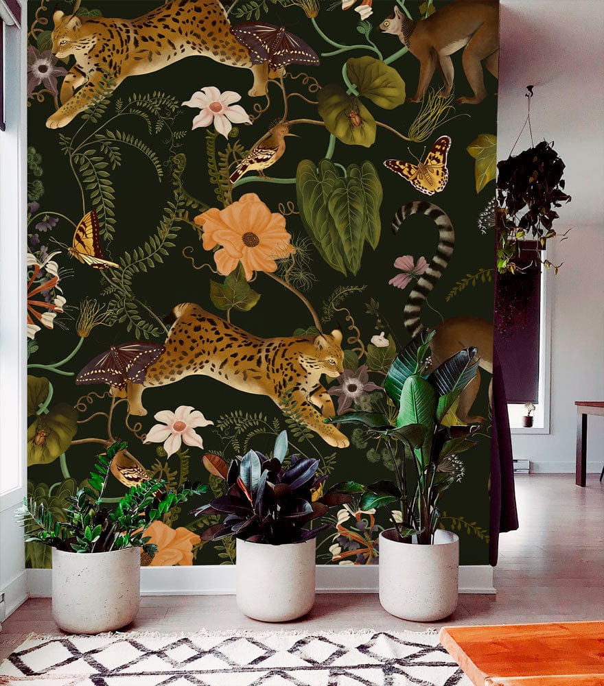 Exotic Jungle Animal Pattern Mural Wallpaper in living room