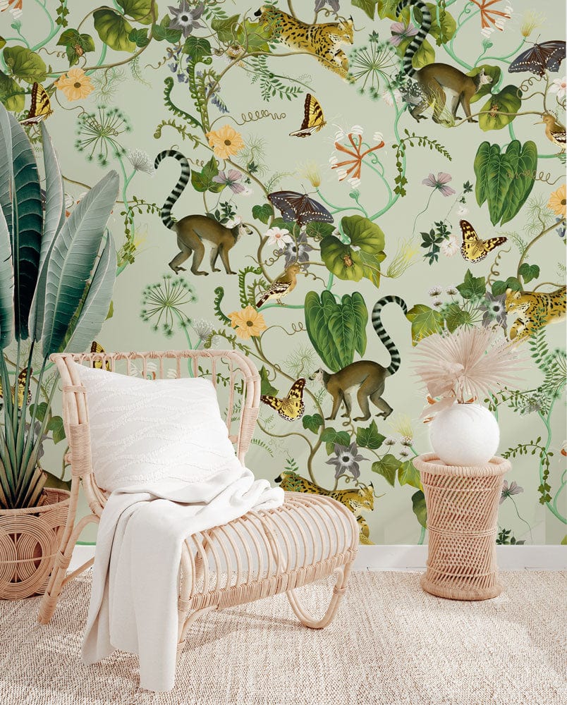Exotic Jungle Animal Print Mural Wallpaper in living room