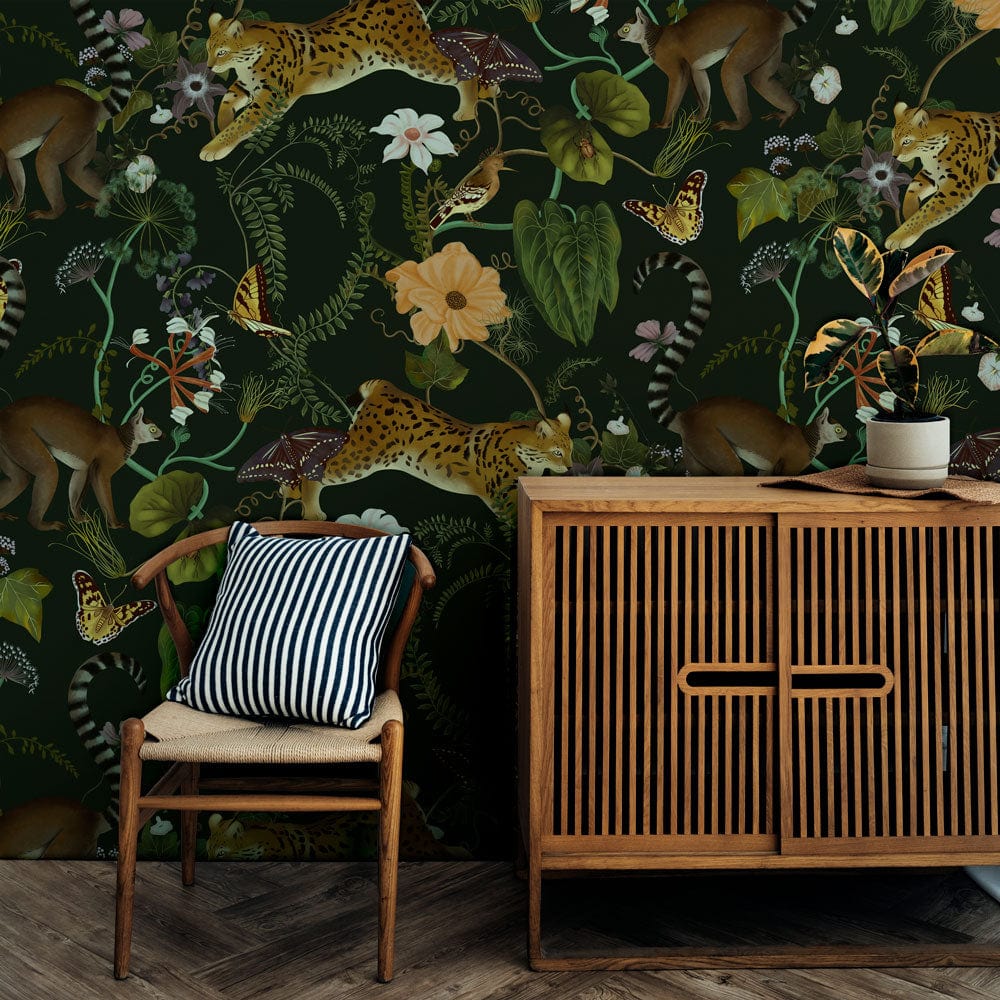 Exotic Jungle Animal Pattern Mural Wallpaper in living room