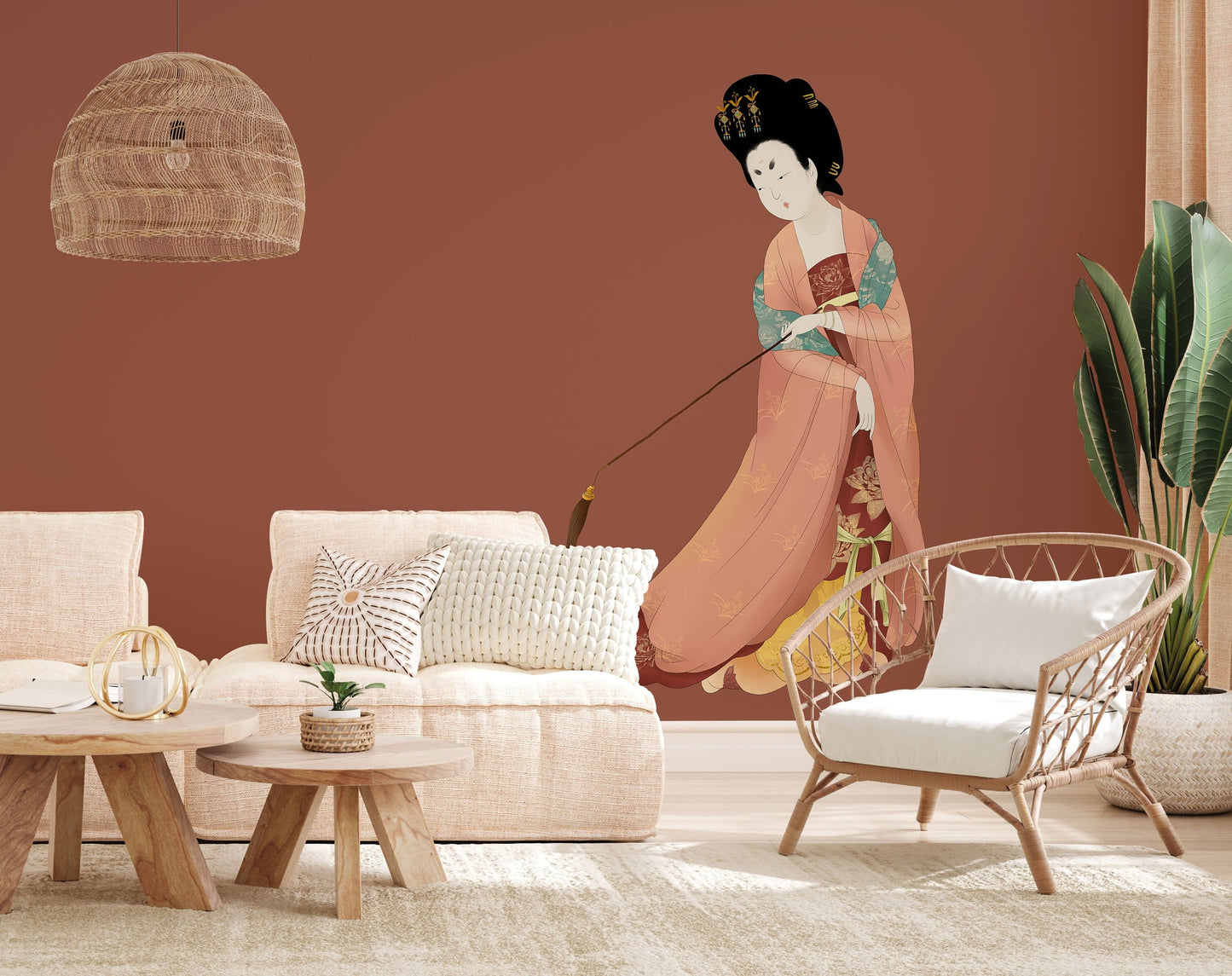 Elegant Japanese Geisha Art Wall Mural in living room