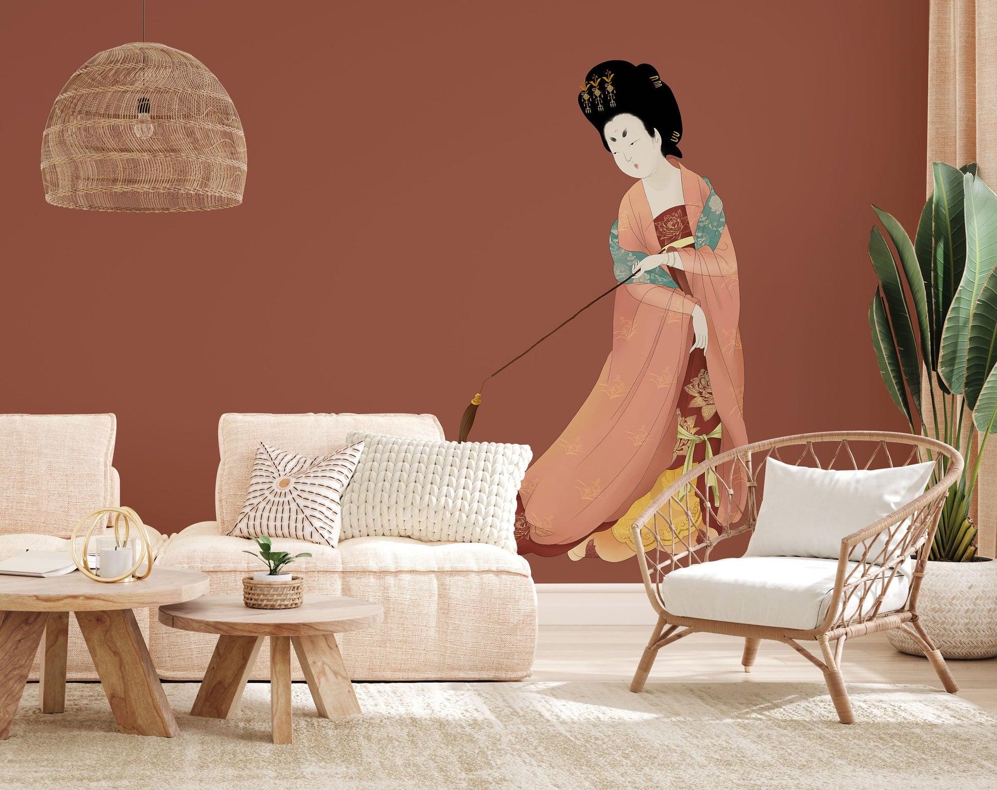 Elegant Japanese Geisha Art Wall Mural in living room