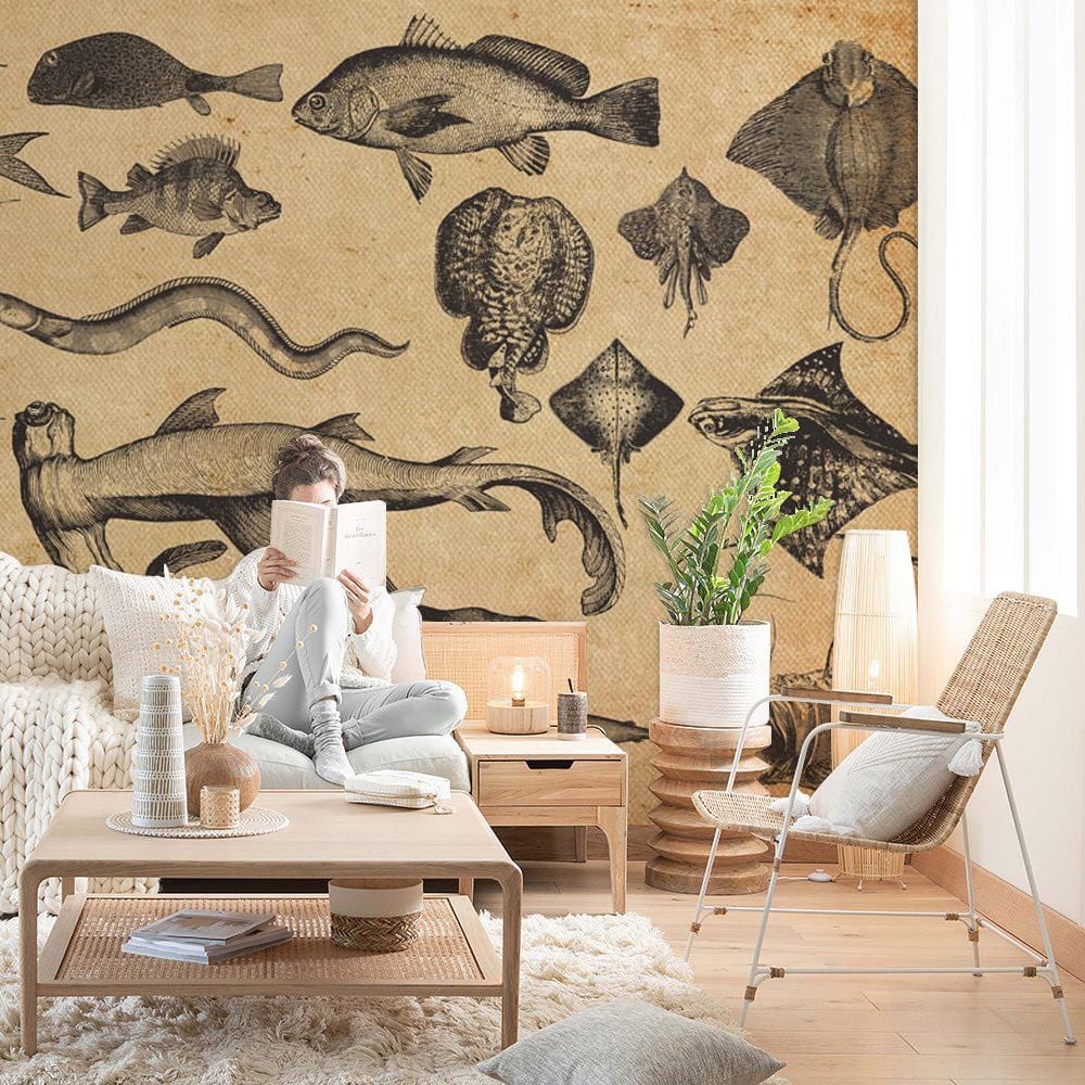 Wallpaper mural with vintage marine fish for use in decorating the living room
