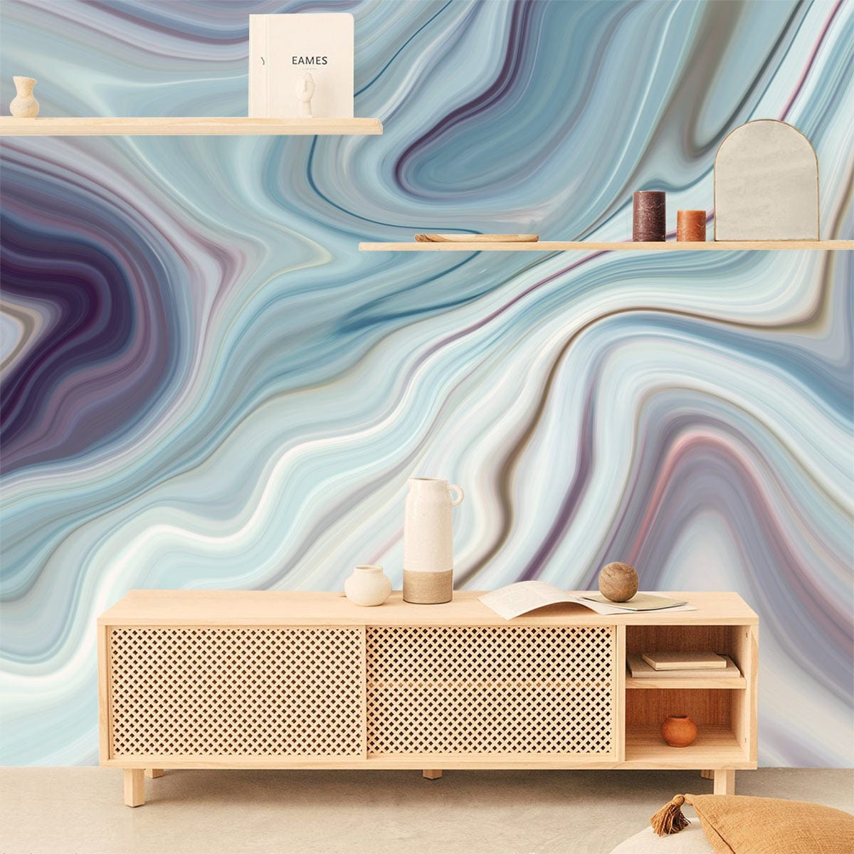 Hallway adorned with a Mural of Melted Blue Marble Wallpaper