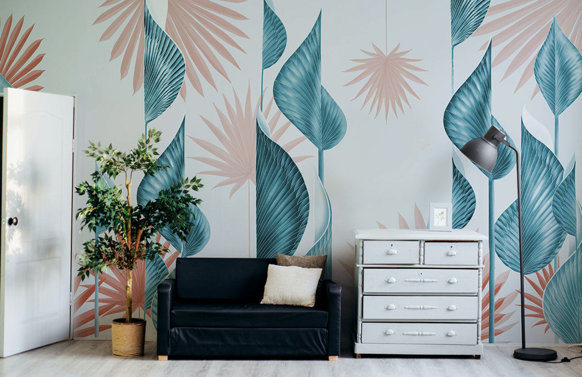 Tropical Teal Leaf Botanical Mural Wallpaper in Living room.