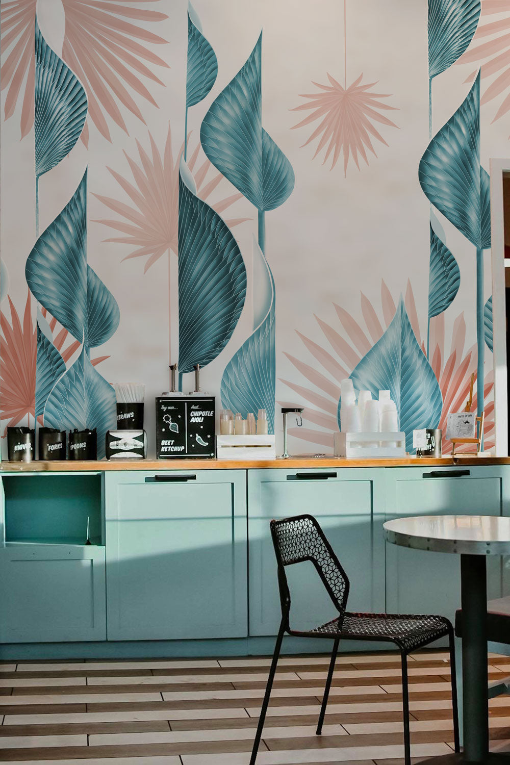 Tropical Teal Leaf Botanical Mural Wallpaper in dining area