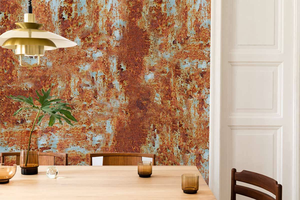 Rustic Industrial Corroded Metal Mural Wallpaper in dining room