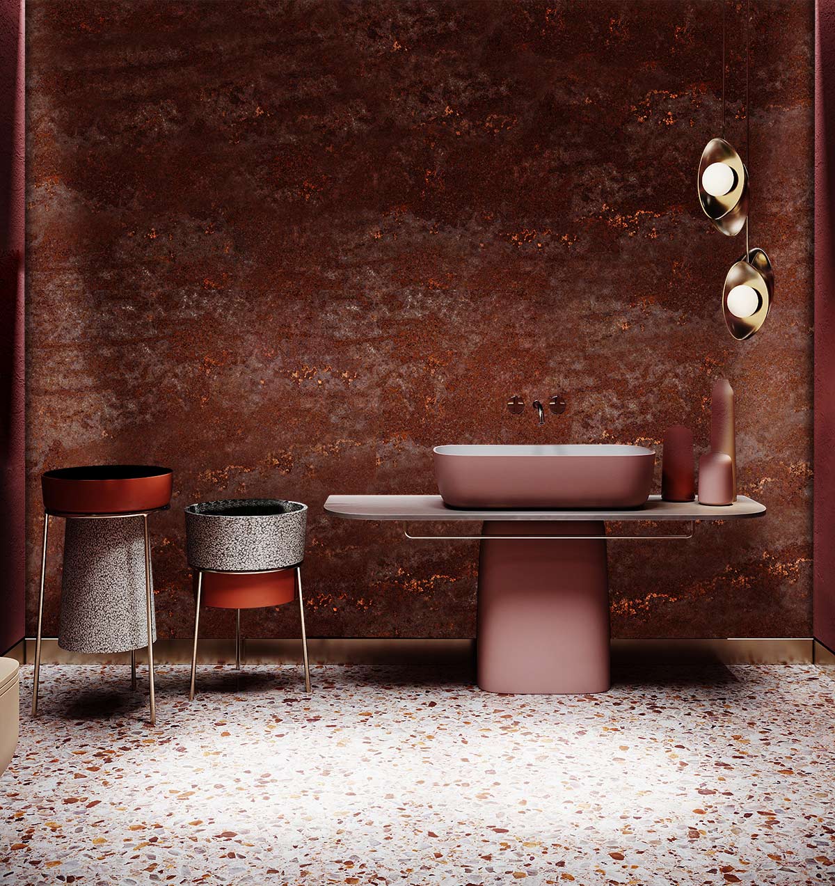 Rustic Textured Copper Marble Mural Wallpaper in bathroom