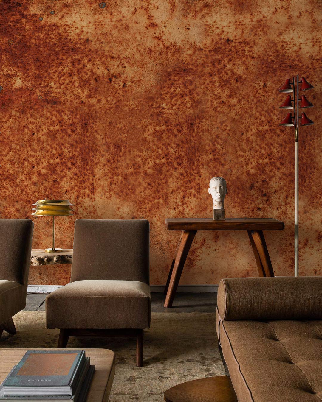 Rustic Industrial Orange Faux Finish Mural Wallpaper in living room