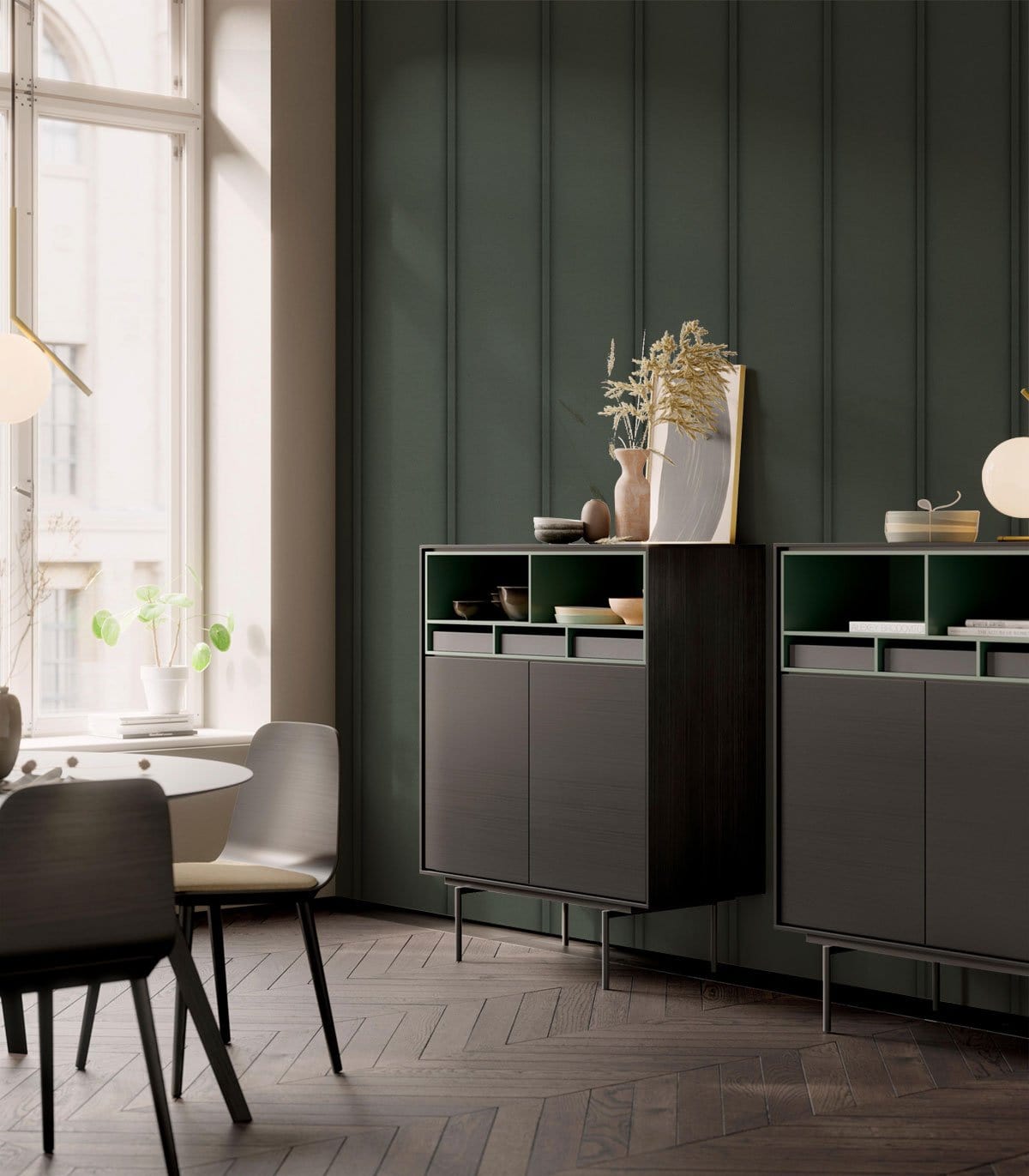 Emerald Green Striped Textured Wallpaper Mural in dining room
