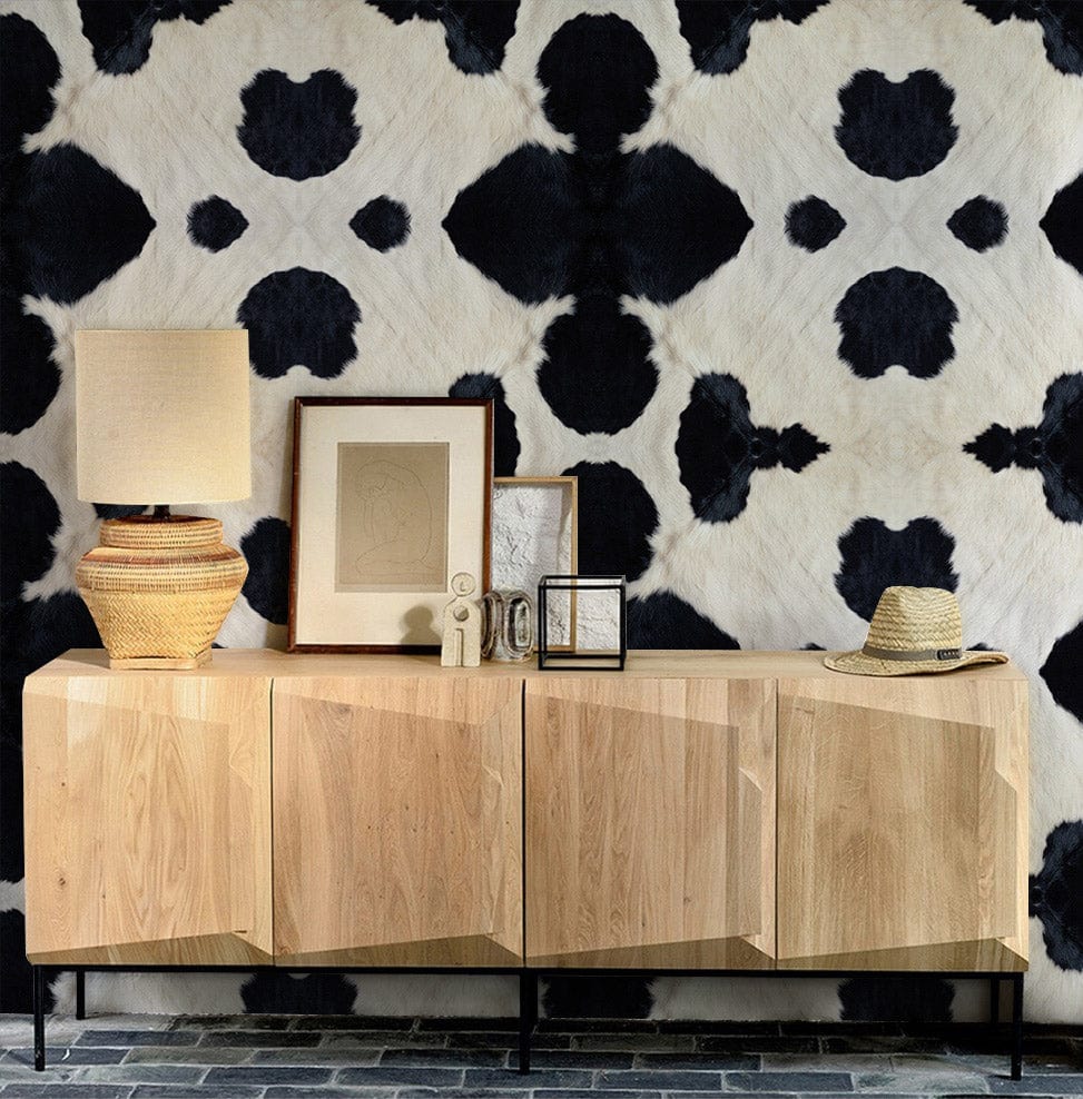 wallpaper mural made of milk with a cow skin pattern, intended for a hallway.