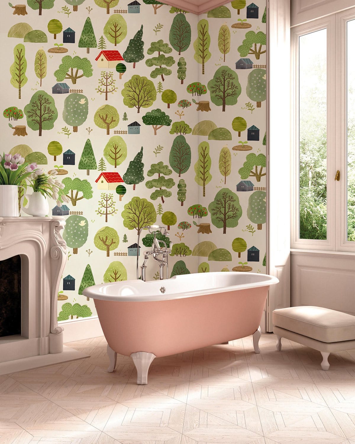 Green Whimsical Forest Pattern Mural Wallpaper in bathroom