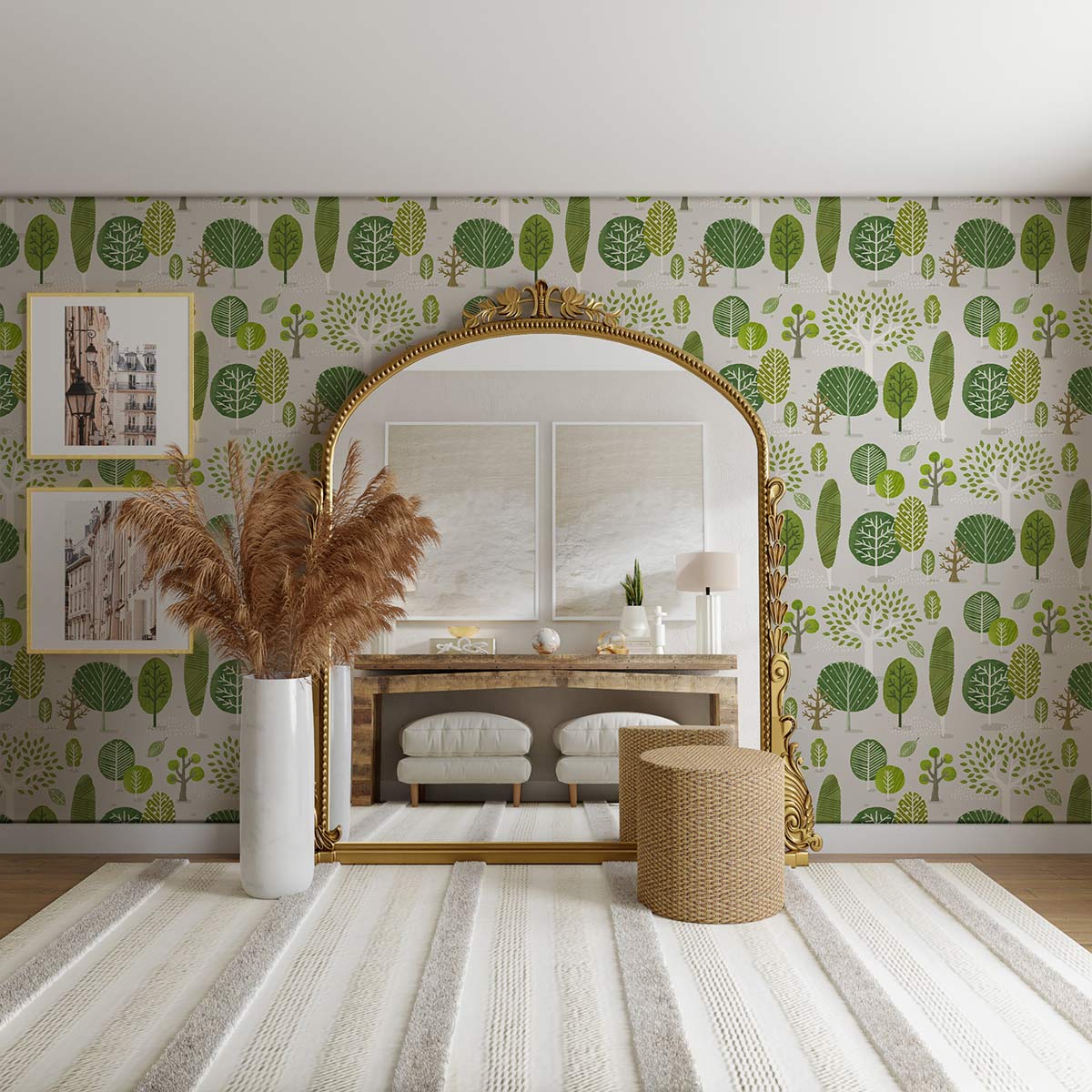 Green Botanical Forest Pattern Mural Wallpaper in living room