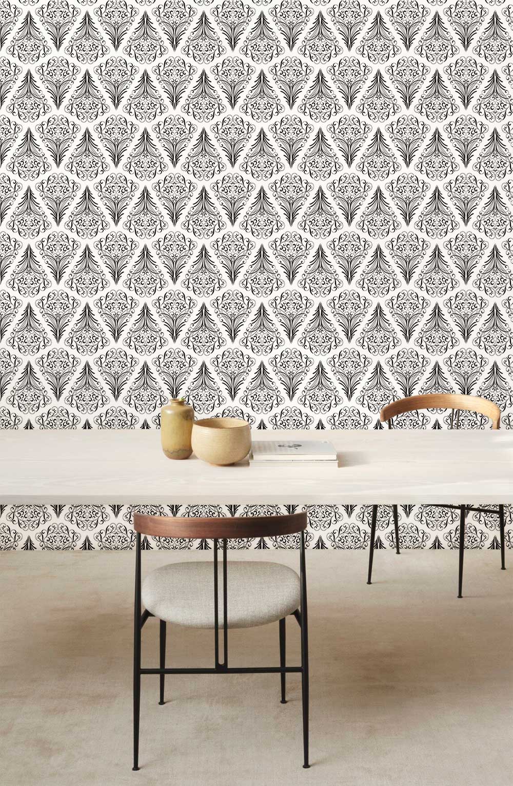 Elegant Black and White Damask Mural Wallpaper