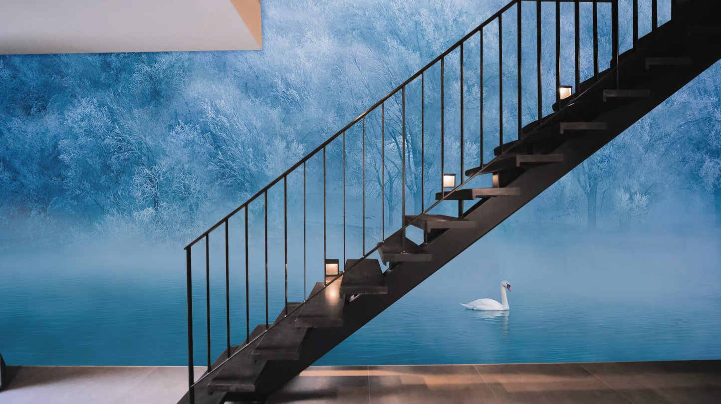 Serene Blue Swan Lake Mural Wallpaper