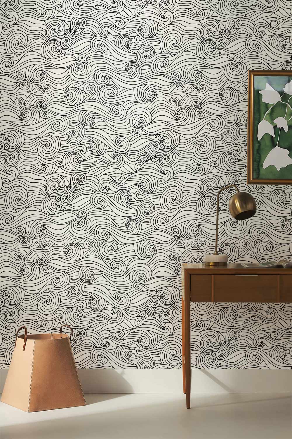Abstract Swirl Pattern Black Wallpaper Mural in living room