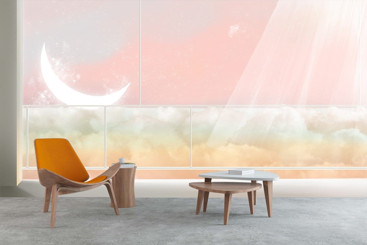 Dreamy Pastel Clouds Moon Mural Wallpaper in living room