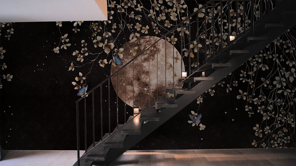 Metallic Moon Floral Botanical Mural Wallpaper in bedroom