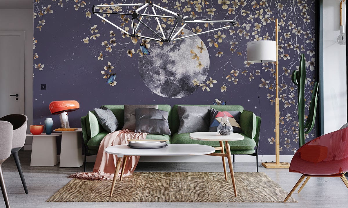 Moonlight Floral Butterfly Bedroom Mural Wallpaper in living room